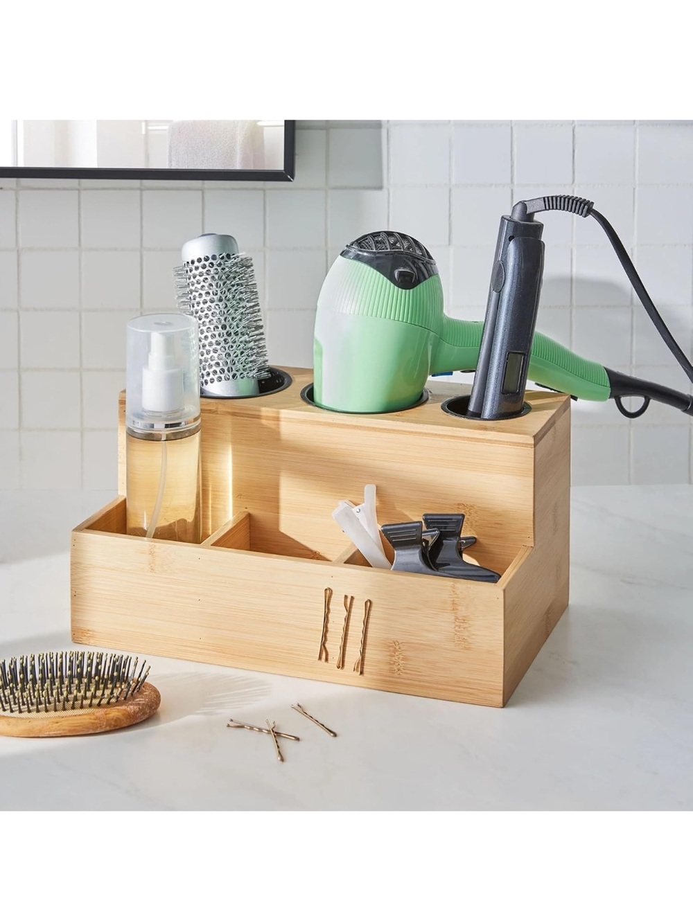 New Bamboo Hair Tool Organizer - Vanity Countertop Storage Natural Wooden